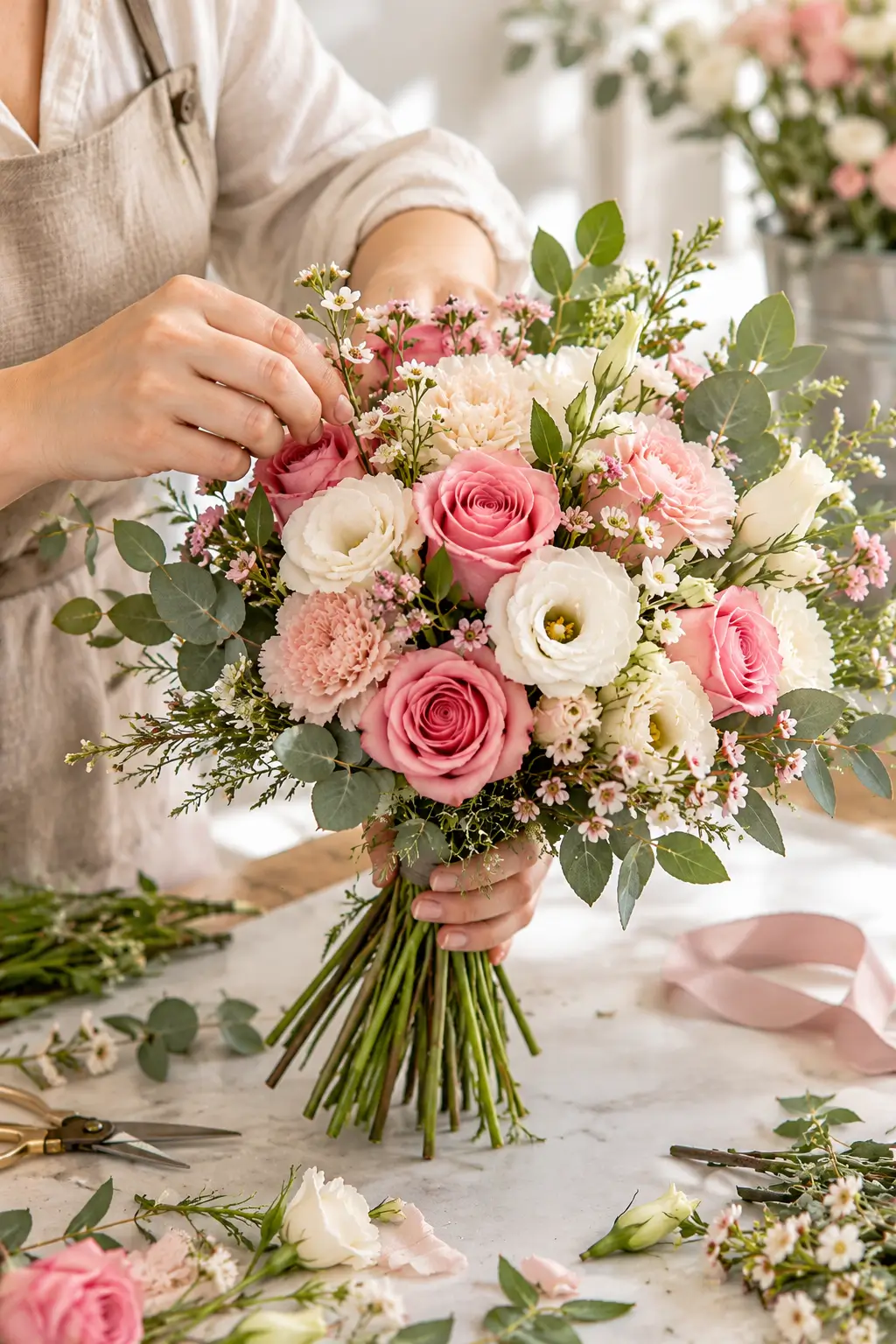 Florist arranging pink roses, white flowers and greenery into a hand-tied bouquet