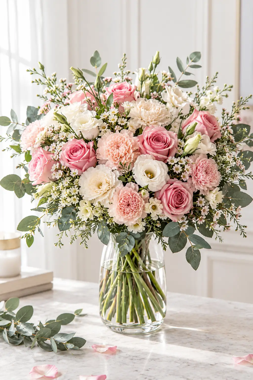 Finished pink and white flower bouquet with eucalyptus displayed in a clear glass vase