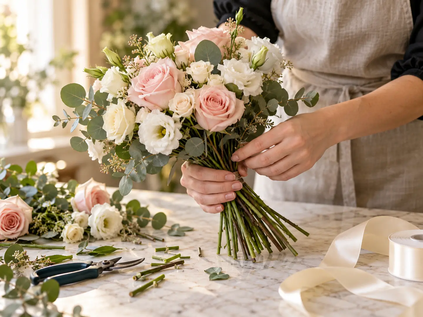 Florist arranging a pink and white DIY prom bouquet