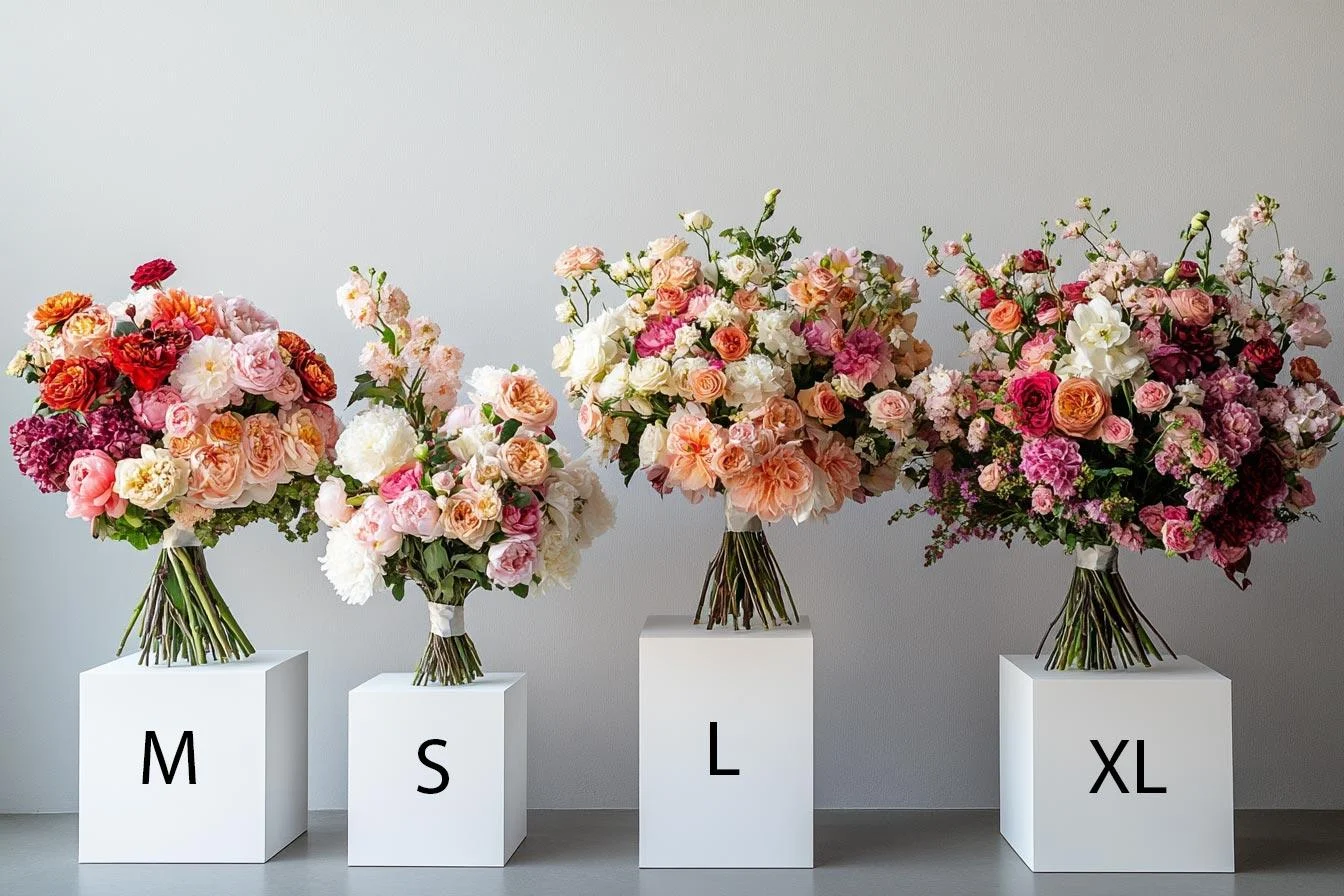 Four flower bouquet arrangements shown in different sizes from small to extra large