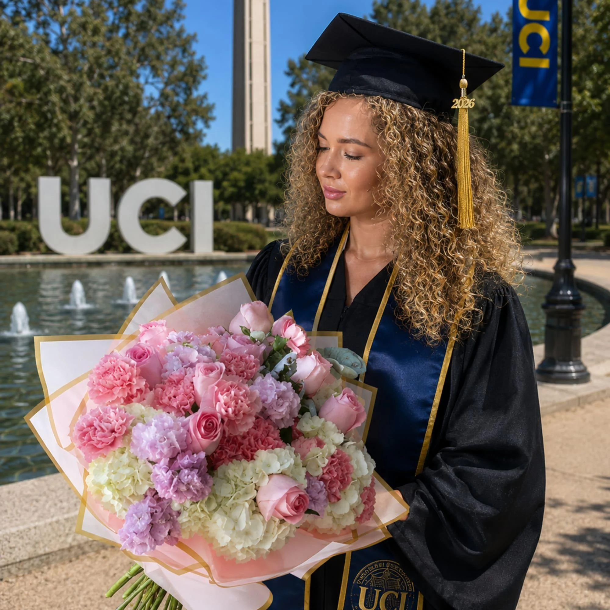 Graduate in cap and gown holding pink flowers on a university campus