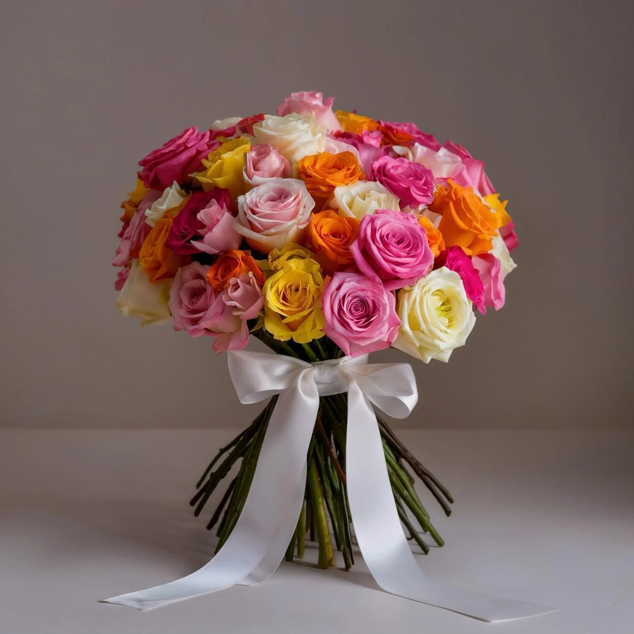 Bouquet of red pink yellow orange and white roses tied with a white ribbon