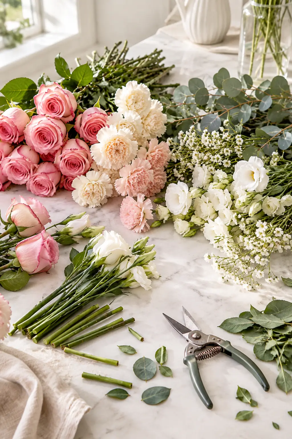 Pink roses, cream carnations and white flowers prepared on a marble table with floral shears
