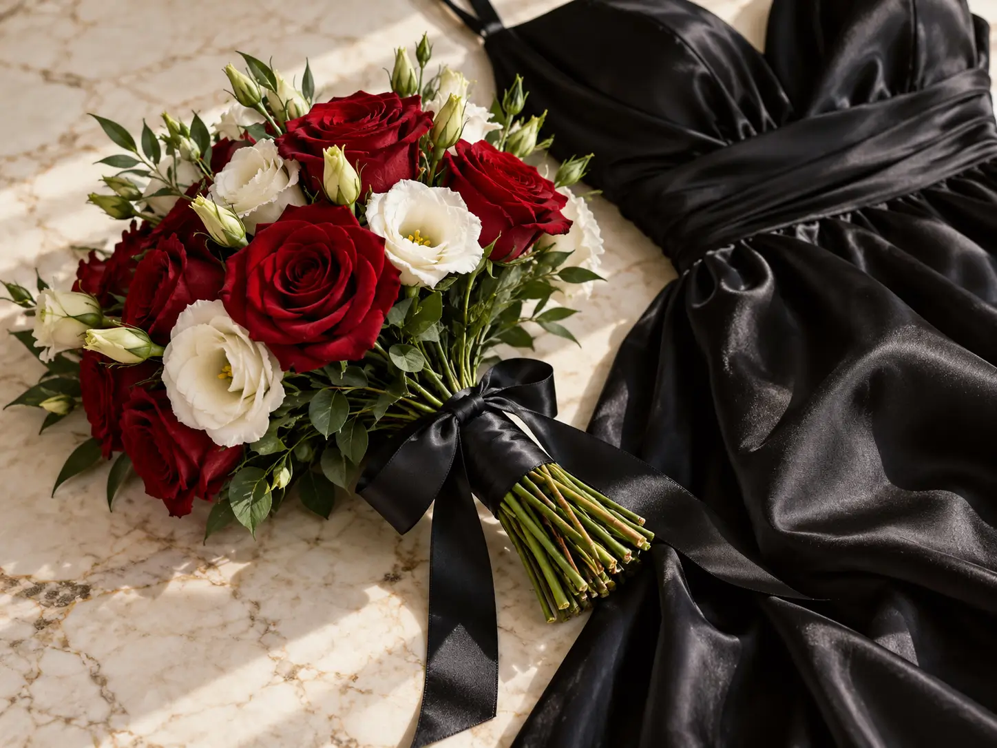 Red and white prom bouquet paired with a black satin dress