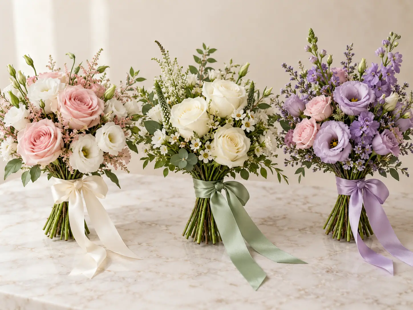 Three prom flower bouquet styles in pink white and lavender